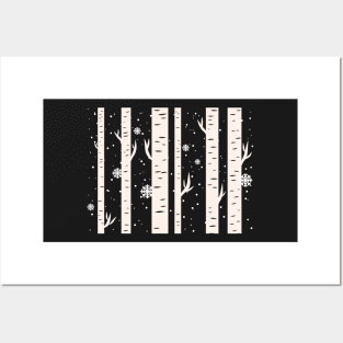 Birch Trees In Winter Snow On Dark Navy Blue Background Posters and Art